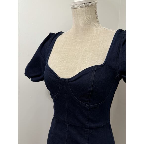 NEW Lulus Trendsetting Babe Dark Wash Denim Puff Sleeve Bustier Mini Dress S - Picture 2 of 2
